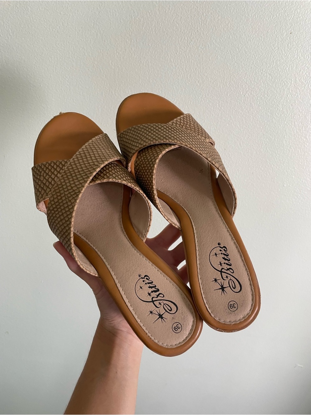 “Woven” look Tan Crossband Slide Mules Heel Sandals